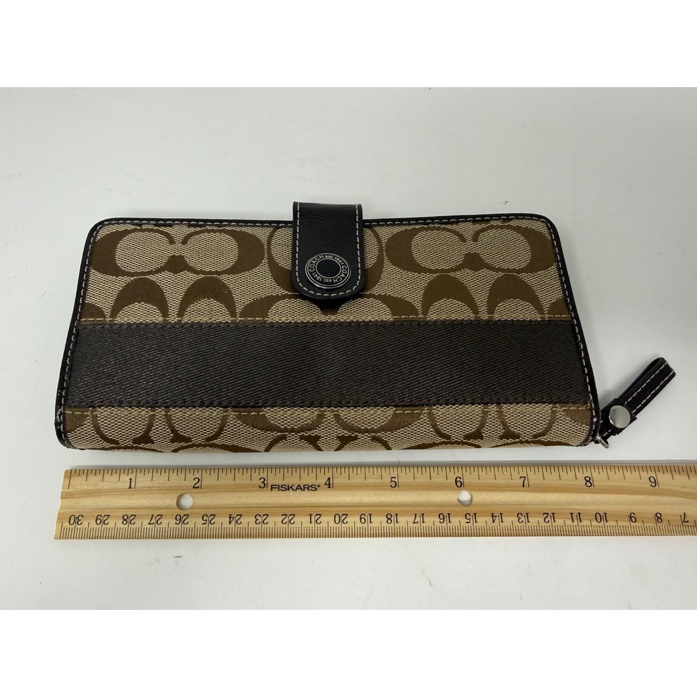 Coach Signature C Brown Tan Monogram Striped Accordion Zip Long Wallet - Picture 15 of 16